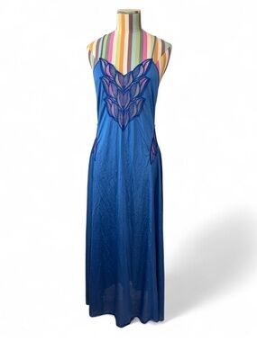 True Vintage Henson Kickernick Blue Low Back Lace Cut Outs Maxi Slip Dress